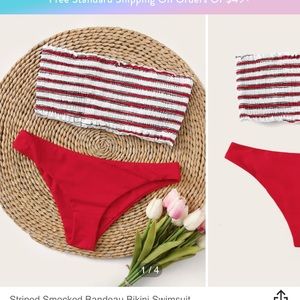 Striped Smocked Bandeau Bikini Swimsuit